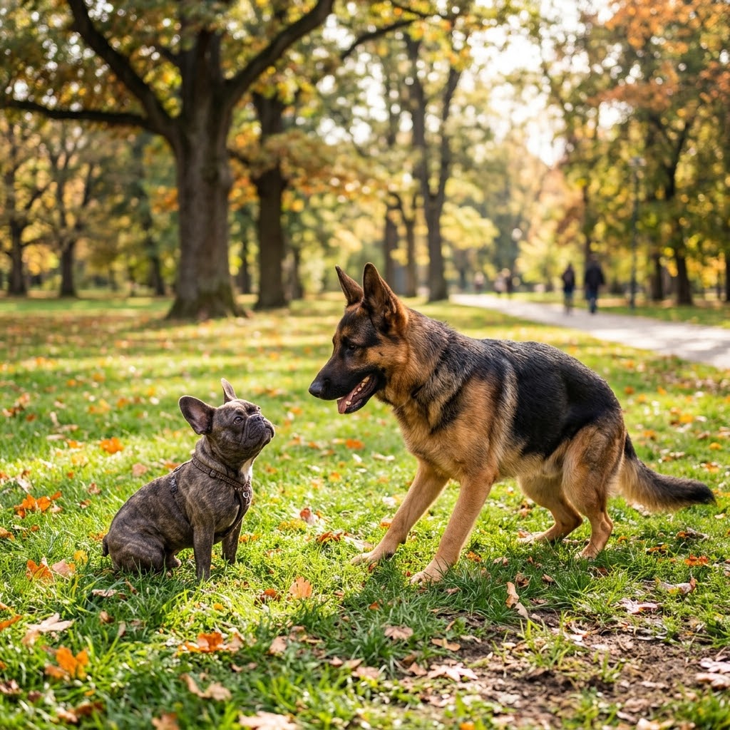 A playful outdoor scene in a sun-dappled park during autumn, featuring a small brindle French Bulldog sitting on the grass while looking up at a large German Shepherd.
