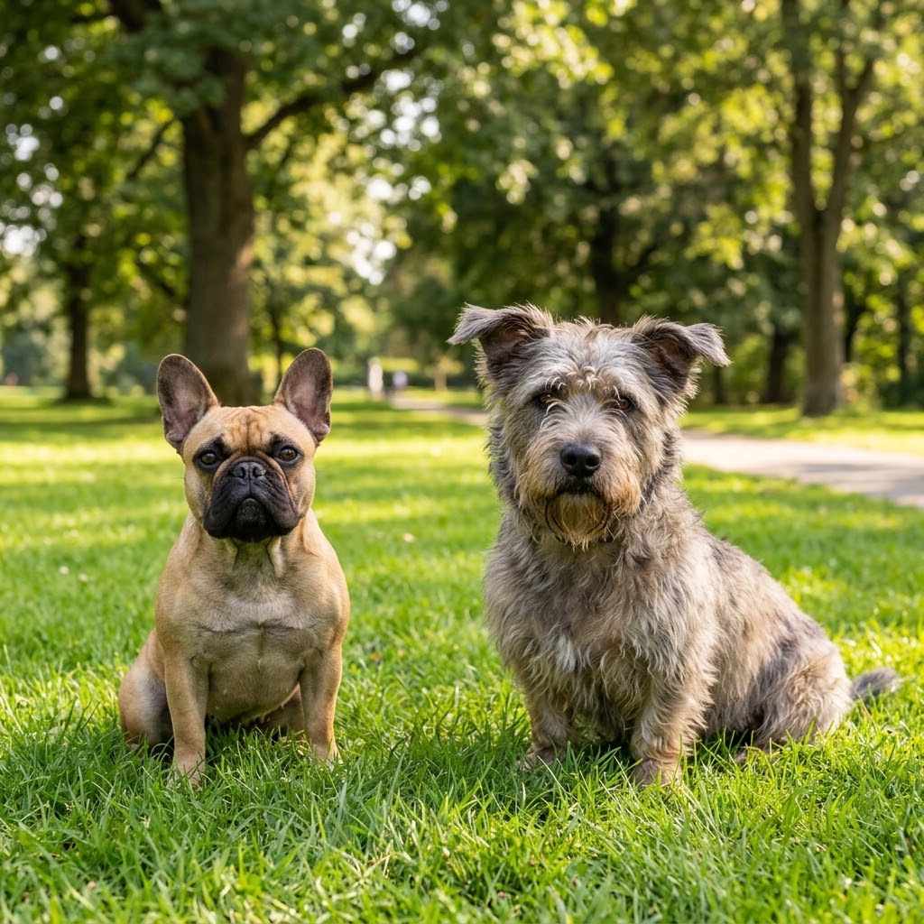 A small, fawn-colored French Bulldog with erect "bat" ears sitting on a lush green park lawn next to a medium-sized, scruffy, wiry-haired Glen of Imaal Terrier.