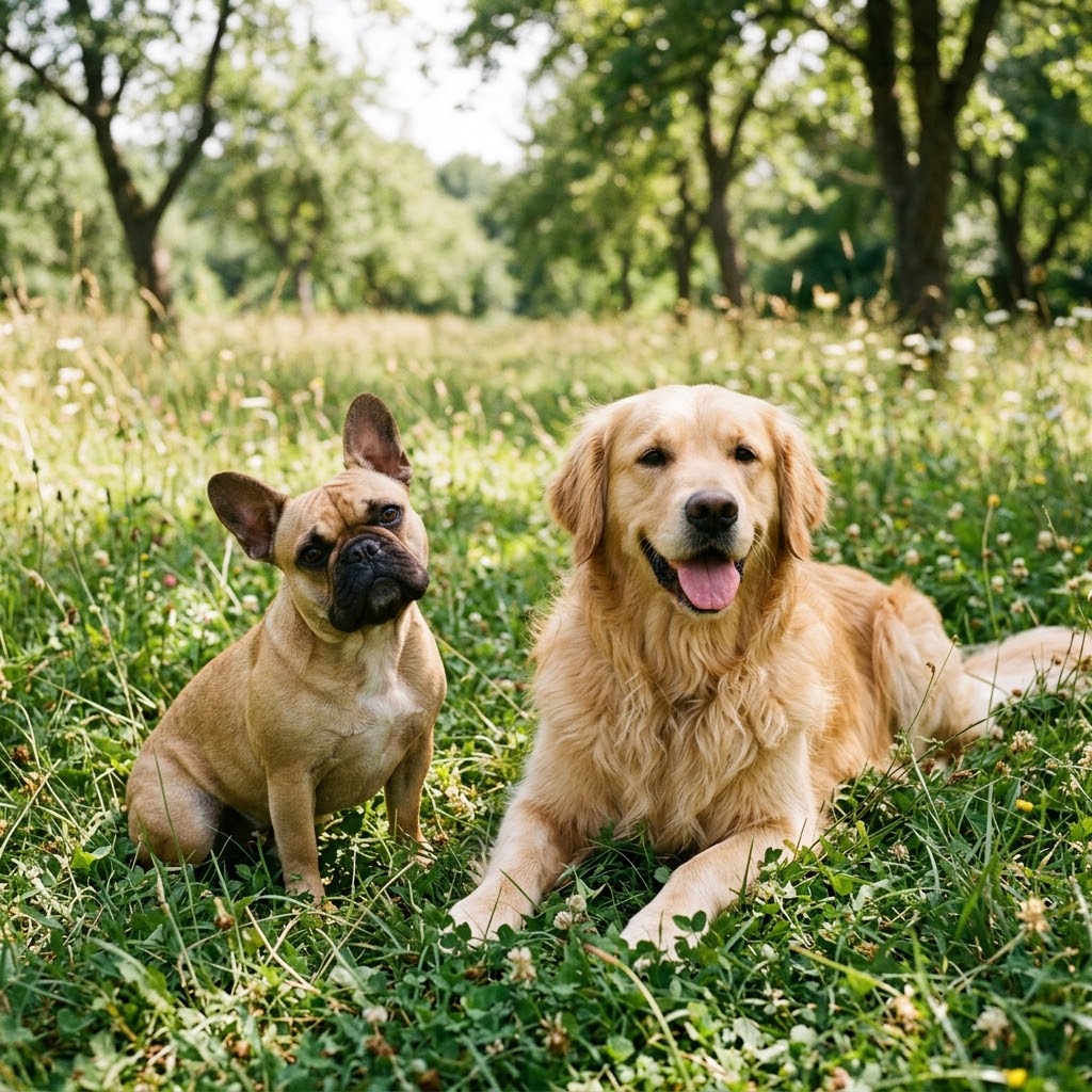 A 1:1 outdoor candid photo of a fawn French Bulldog and a fluffy Golden Retriever sitting and resting side-by-side in a grassy, sun-dappled field.
