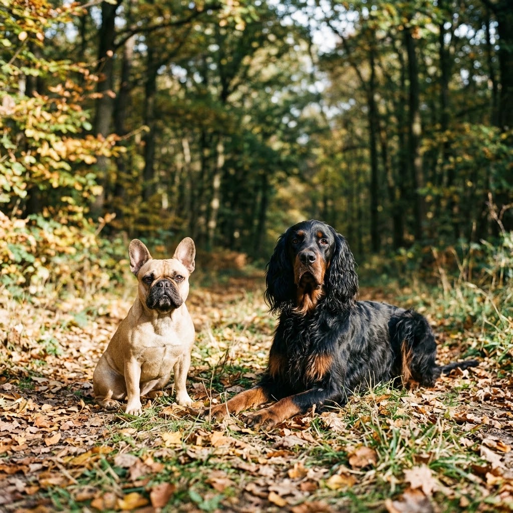 A 1:1 outdoor candid photo of a fawn French Bulldog and a Gordon Setter side-by-side on a forest trail during autumn.