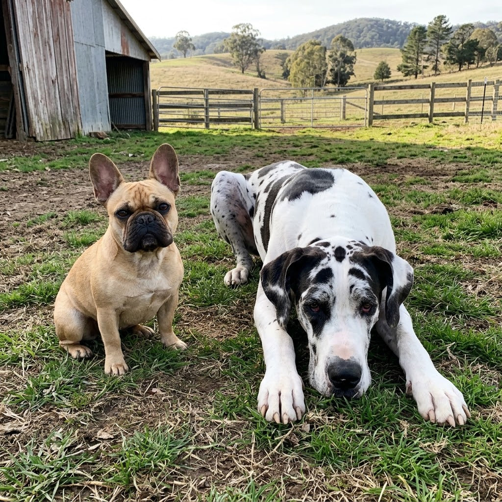 A 1:1 outdoor candid photo of a fawn French Bulldog and a massive harlequin Great Dane side-by-side on a grassy patch near a rural farm.