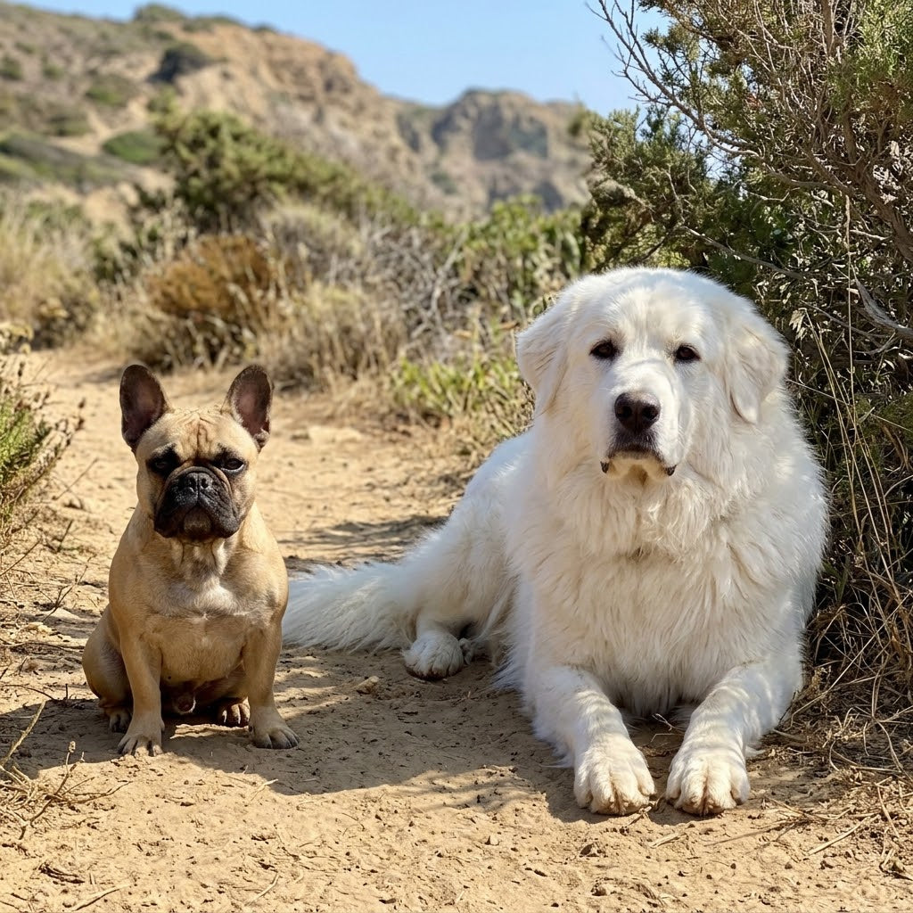 A 1:1 outdoor candid photo of a fawn French Bulldog and a giant, fluffy Great Pyrenees side-by-side on a sunlit dirt trail, highlighting their dramatic size difference in a warm climate.