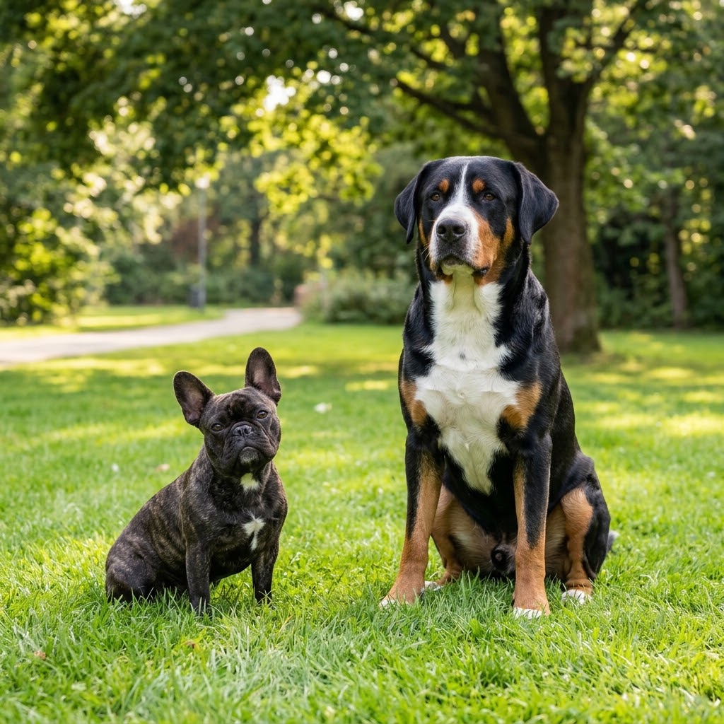 A small, dark brindle French Bulldog with erect "bat" ears sitting on a lush green park lawn next to a much larger, tricolor Greater Swiss Mountain Dog.