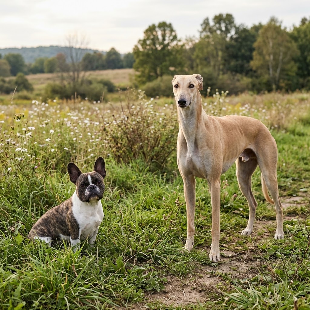 A brindle and white French Bulldog and a tall, fawn-colored Greyhound standing side-by-side on a natural, grassy country field during the late afternoon.