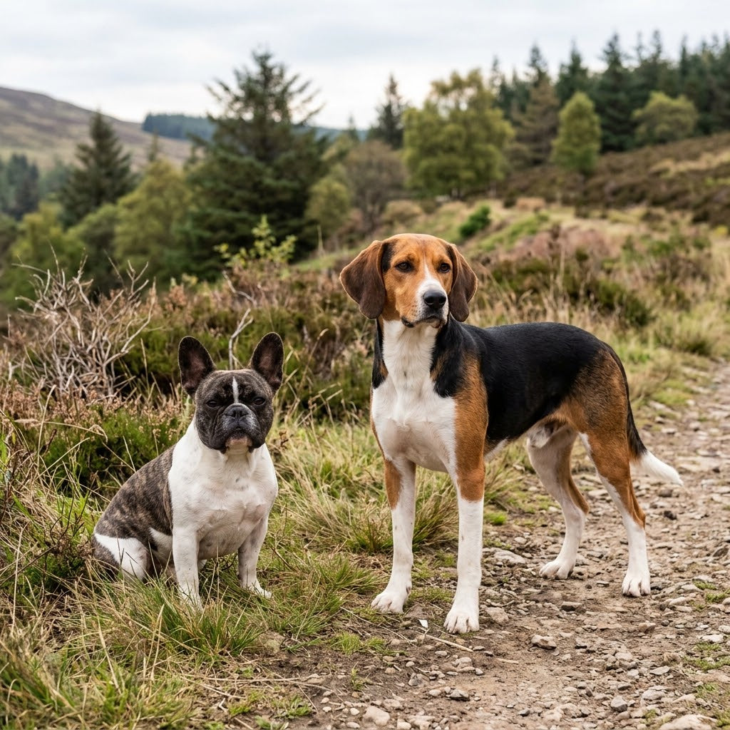 A brindle and white French Bulldog sitting next to a standing, tricolor Harrier hound on a rugged dirt and gravel path in a vast, rolling natural landscape.