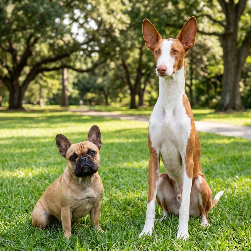 A small, fawn-colored French Bulldog with erect "bat" ears sits on a lush green park lawn next to a much taller, slender red-and-white Ibizan Hound.