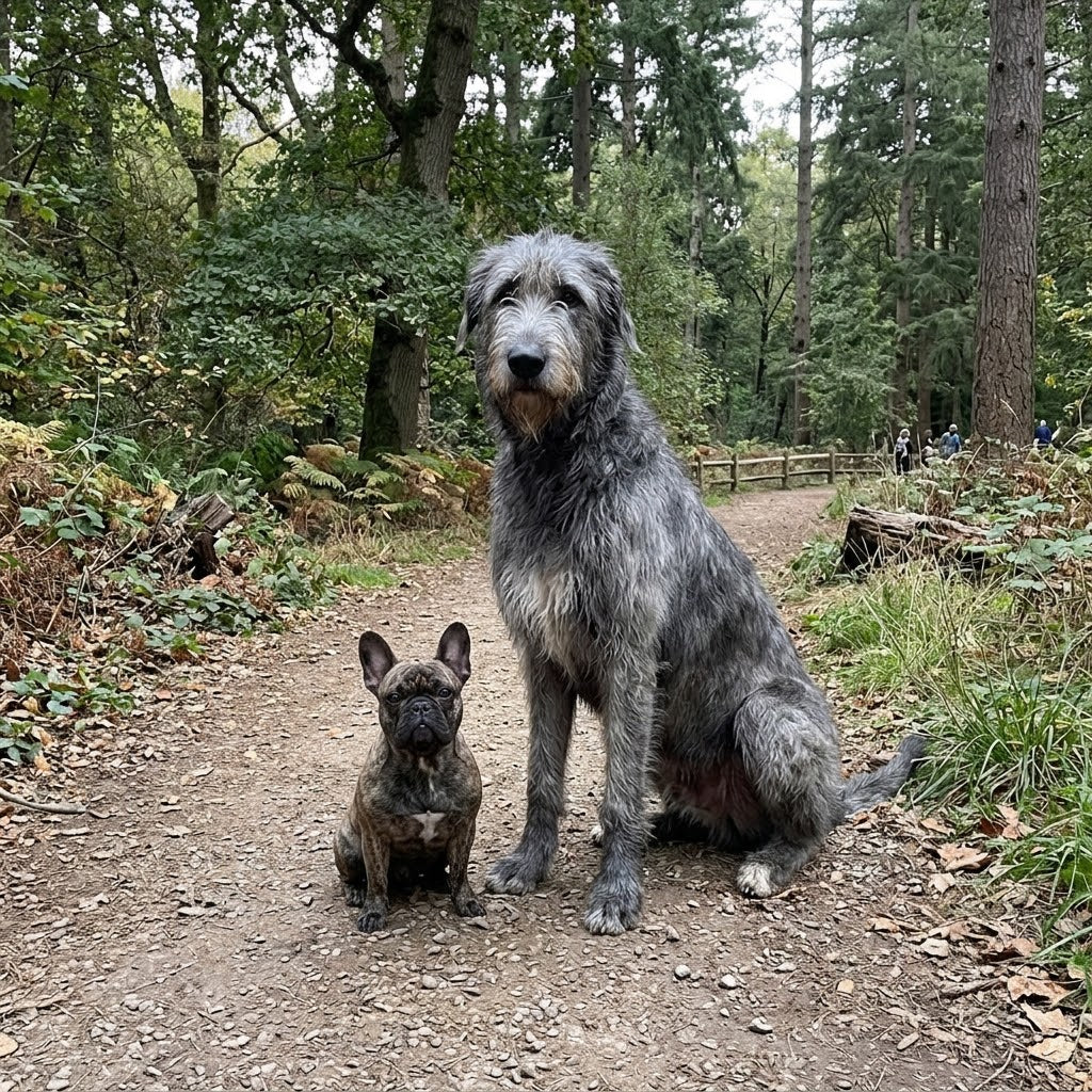 A tiny brindle French Bulldog sits closely next to a massive, shaggy grey Irish Wolfhound on a dirt and pebble trail in a dense, natural forest park.