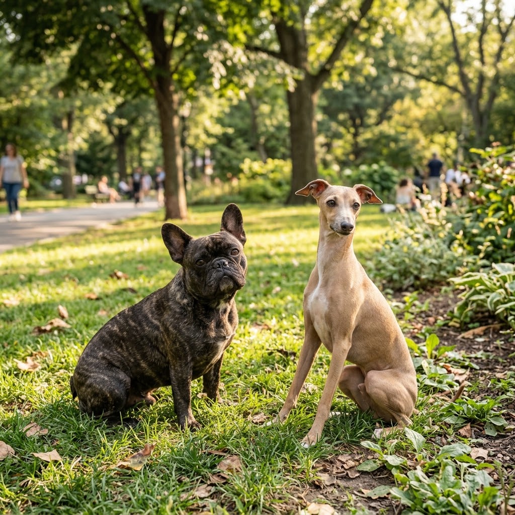 A brindle French Bulldog and a slender, fawn-colored Italian Greyhound sit side-by-side on the grass in a sun-dappled city park.