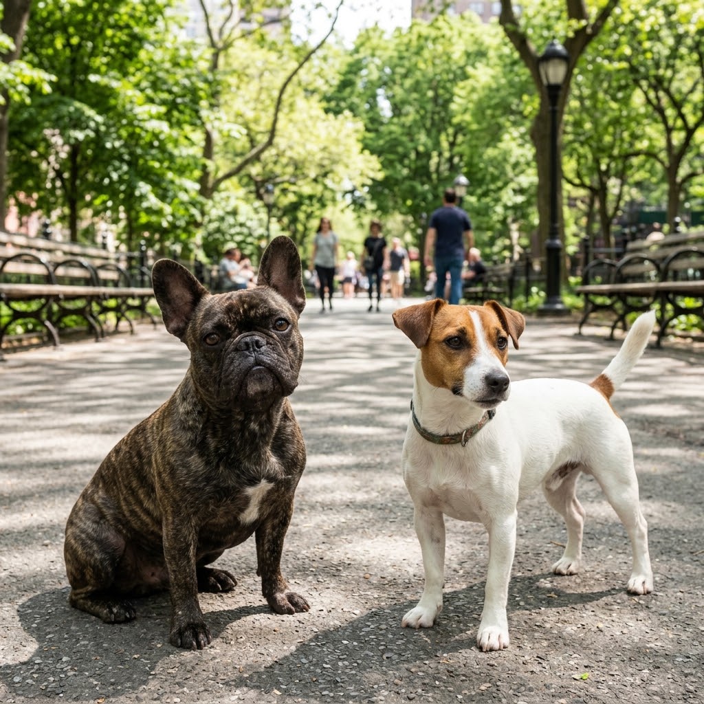 A brindle French Bulldog sitting on the left and a white-and-tan Jack Russell Terrier standing on the right, both looking towards the camera on a paved path in a bustling urban park.