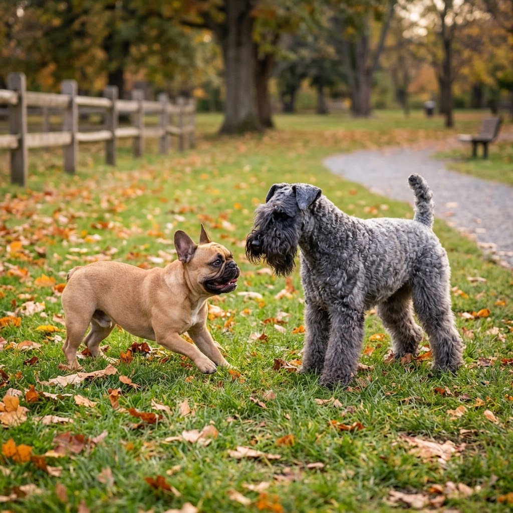 A candid 1:1 photograph of a small, fawn-colored French Bulldog and a medium-sized Kerry Blue Terrier playfully interacting on a grassy area in a park during autumn.