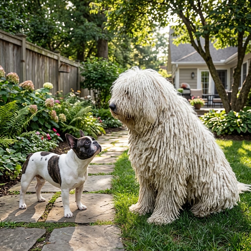 A candid 1:1 photograph of a small, pied French Bulldog and a massive, heavily corded white Komondor dog interacting in a lush backyard garden.