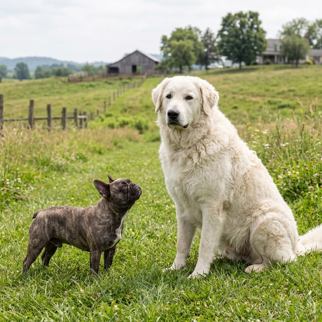 A candid 1:1 photograph of a small, brindle-colored French Bulldog and a massive, white Kuvasz dog in a rolling green pasture on a countryside farm