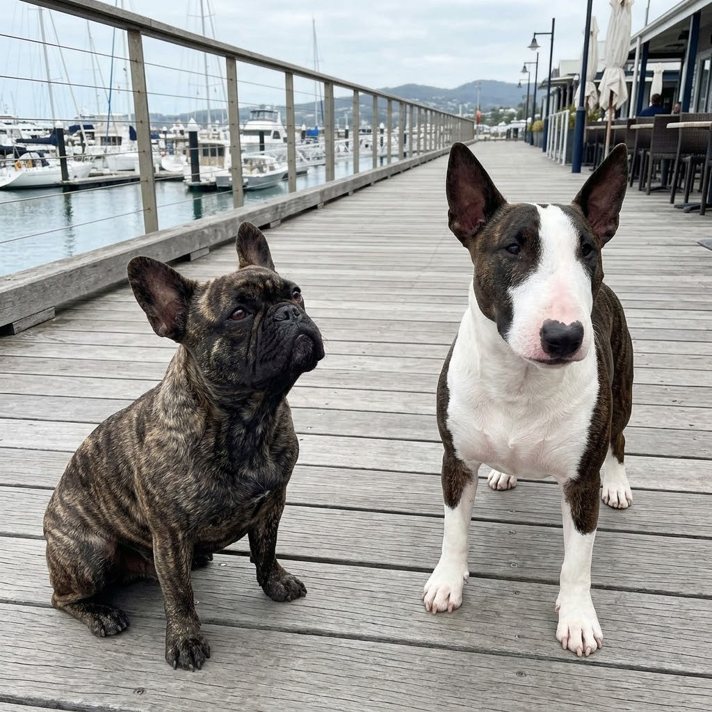 A natural, candid outdoor photograph of a brindle French Bulldog and a white-and-brindle Miniature Bull Terrier together on a scenic wooden boardwalk by a marina.