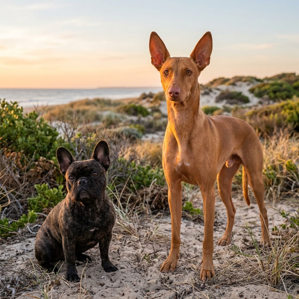 A brindle French Bulldog sitting on the left and a tan Pharaoh Hound standing tall on the right on sandy coastal dunes near a beach at sunset.