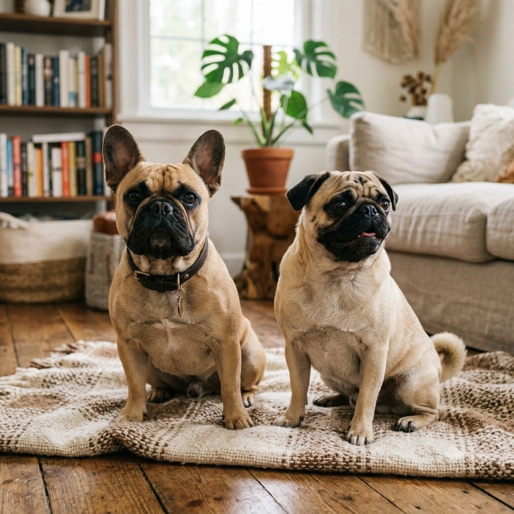 A French Bulldog and a Pug sit side-by-side on a textured rug in a cozy living room.