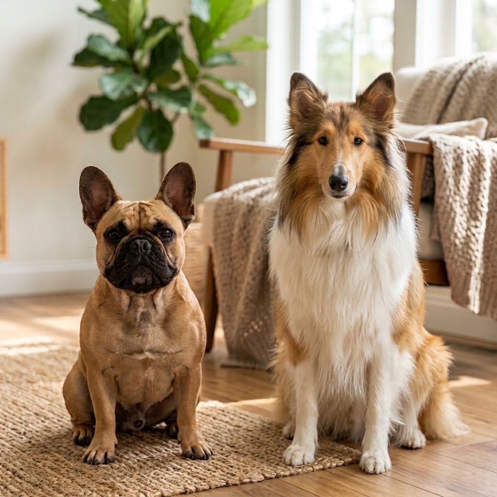A full-body, natural light photograph of a fawn French Bulldog and a majestic sable and white Rough Collie sitting side-by-side on a textured jute rug in a bright, modern living room.