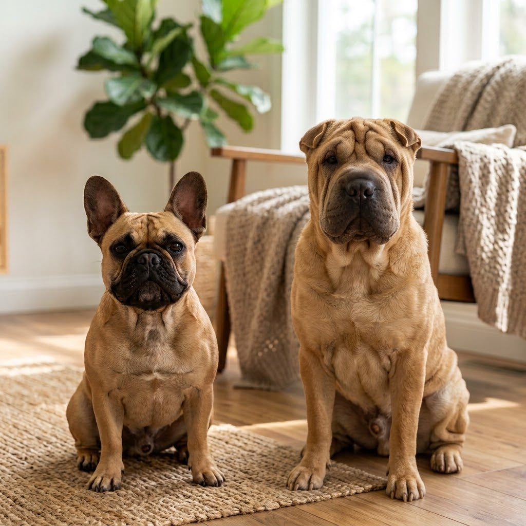 A full-body, natural light photograph of a fawn French Bulldog and a tan, wrinkled Chinese Shar-Pei sitting side-by-side on a textured jute rug in a bright living room.