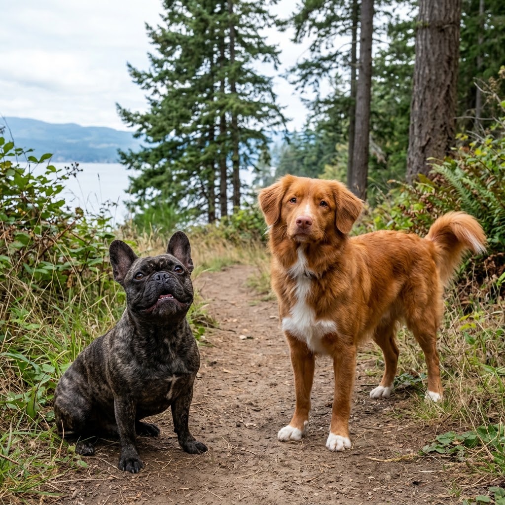 A candid, natural photograph of a brindle French Bulldog and a Nova Scotia Duck Tolling Retriever (Toller) on a dirt hiking trail in a coastal forest park.