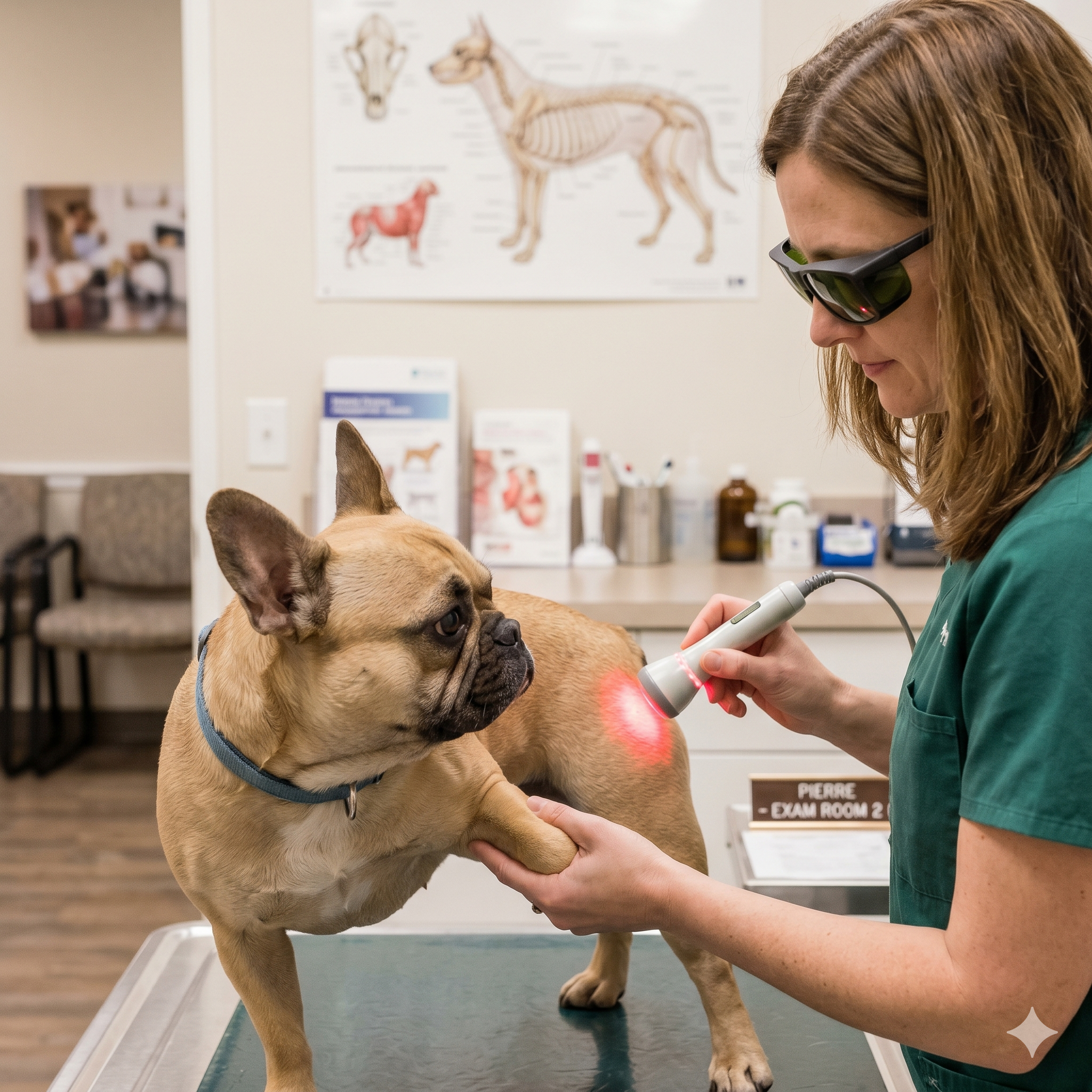 A caring close-up 1:1 photograph in a clean, modern veterinary clinic exam room shows a fawn-colored French bulldog calmly receiving a therapeutic laser treatment for arthritis.