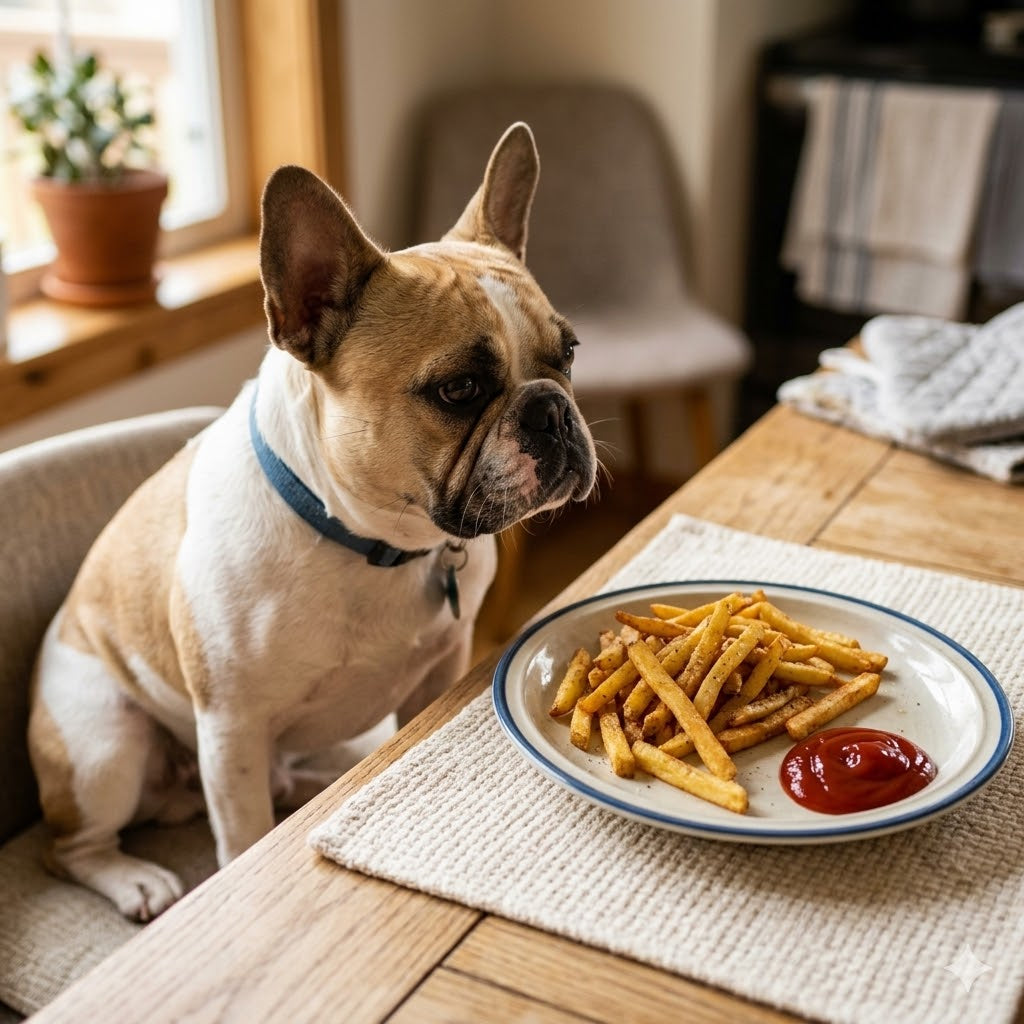 French Bulldog wearing a blue collar, sitting patiently at a wooden table on a grey chair. The dog is looking with intense interest at a plate of golden French fries and a dollop of ketchup