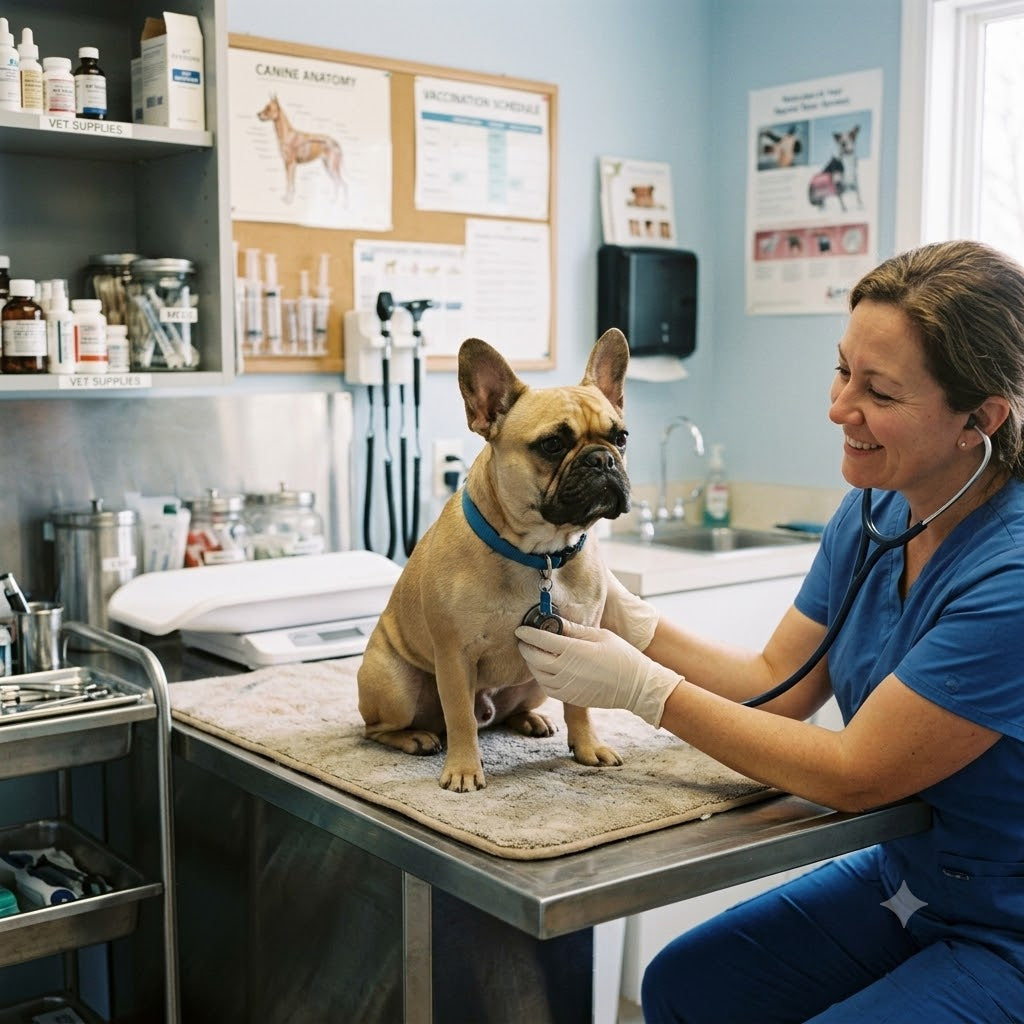 A smiling female veterinarian with dark hair tied back, wearing light blue scrubs and white latex gloves, is seated and using a stethoscope to examine a tan (fawn) French Bulldog.