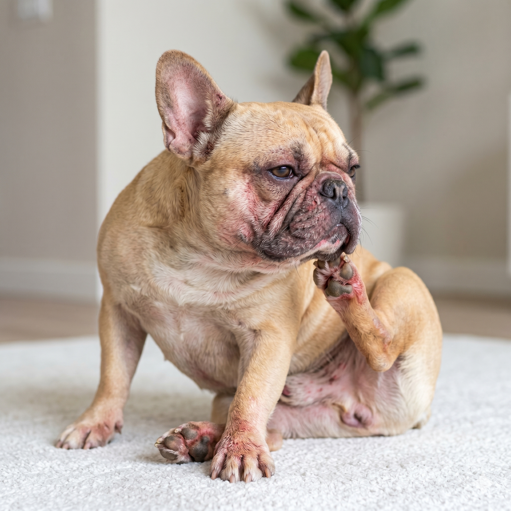 A close-up photograph of a fawn French Bulldog with visible signs of Atopic Dermatitis, intensely scratching its red, inflamed facial wrinkles with a hind leg. Redness, hair loss, and irritation are visible.