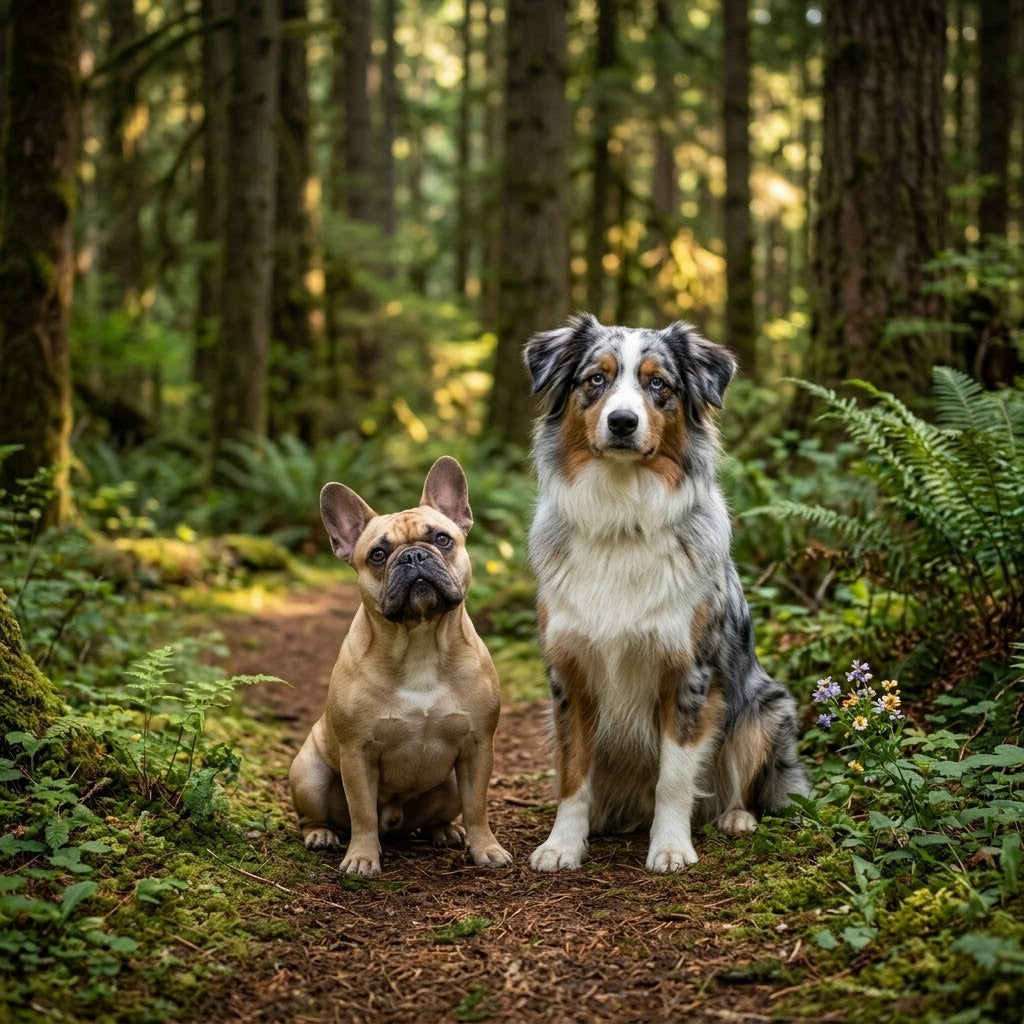 A fawn French Bulldog and a blue merle Australian Shepherd with blue eyes sitting side-by-side on a mossy forest trail.