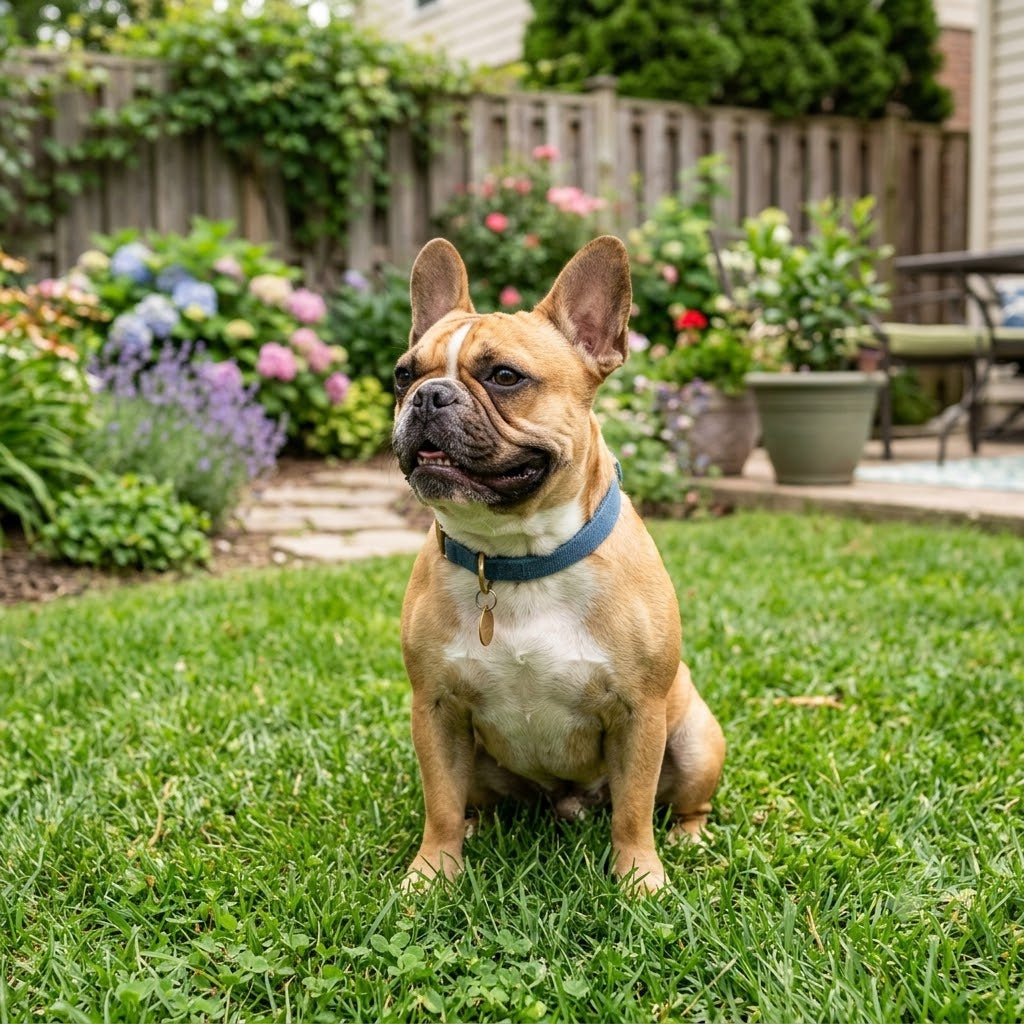 A cheerful fawn and white French Bulldog sits on green grass in a sunny backyard, looking alertly toward a blurred garden and wooden fence.