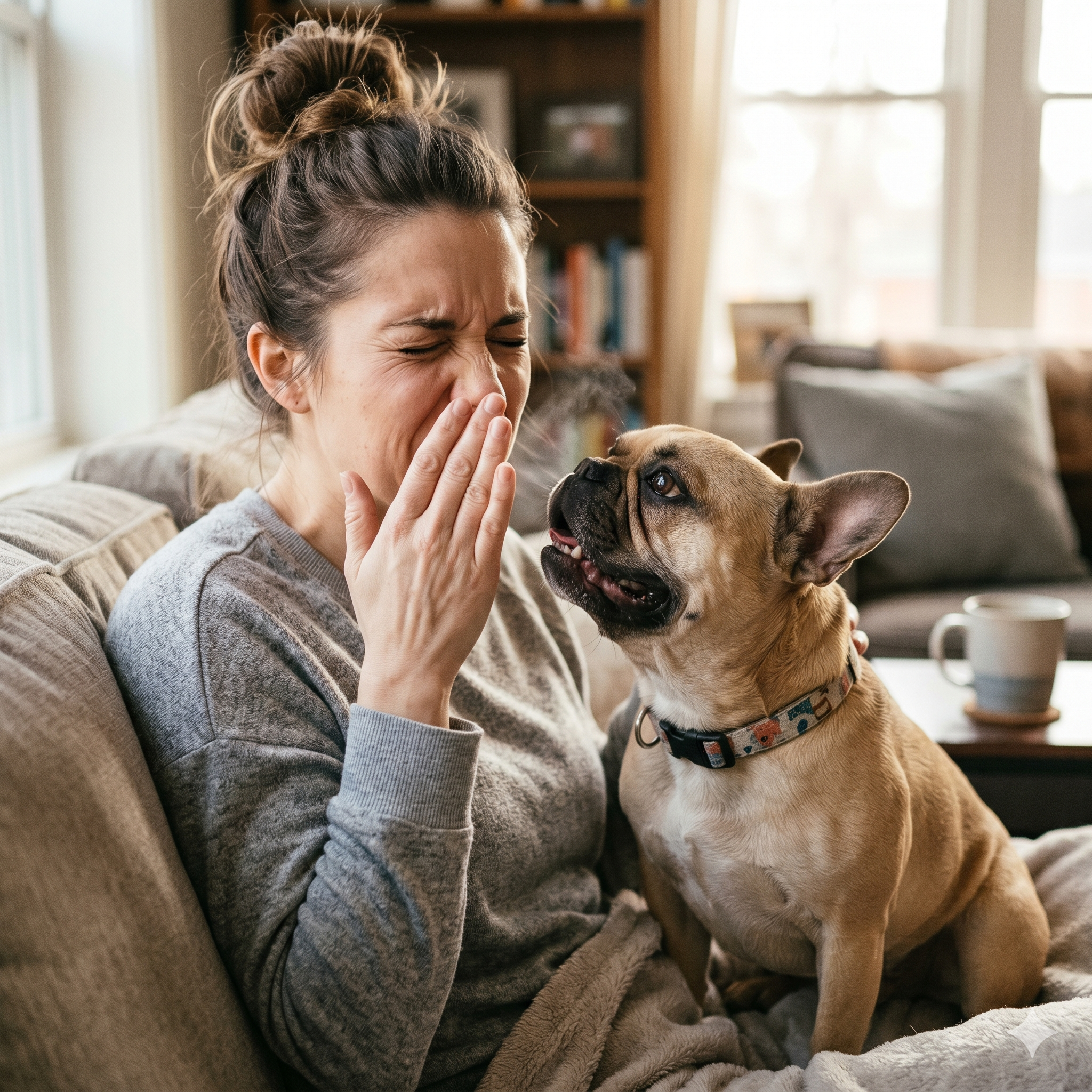 A humorous candid photograph of a woman grimacing and fanning the air near her nose while a happy French Bulldog pants directly in her face on a living room sofa, its warm breath visible.