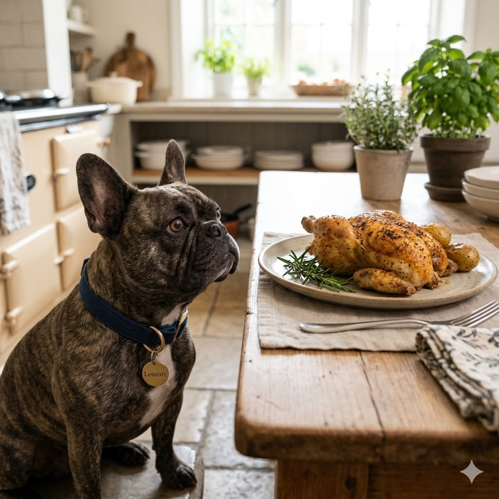 A close-up, square (1:1) photograph of a brindle French Bulldog with large bat ears, sitting and staring with focused anticipation at a plate on a rustic kitchen table. The plate holds a perfectly roasted, golden-brown half of a baked chicken