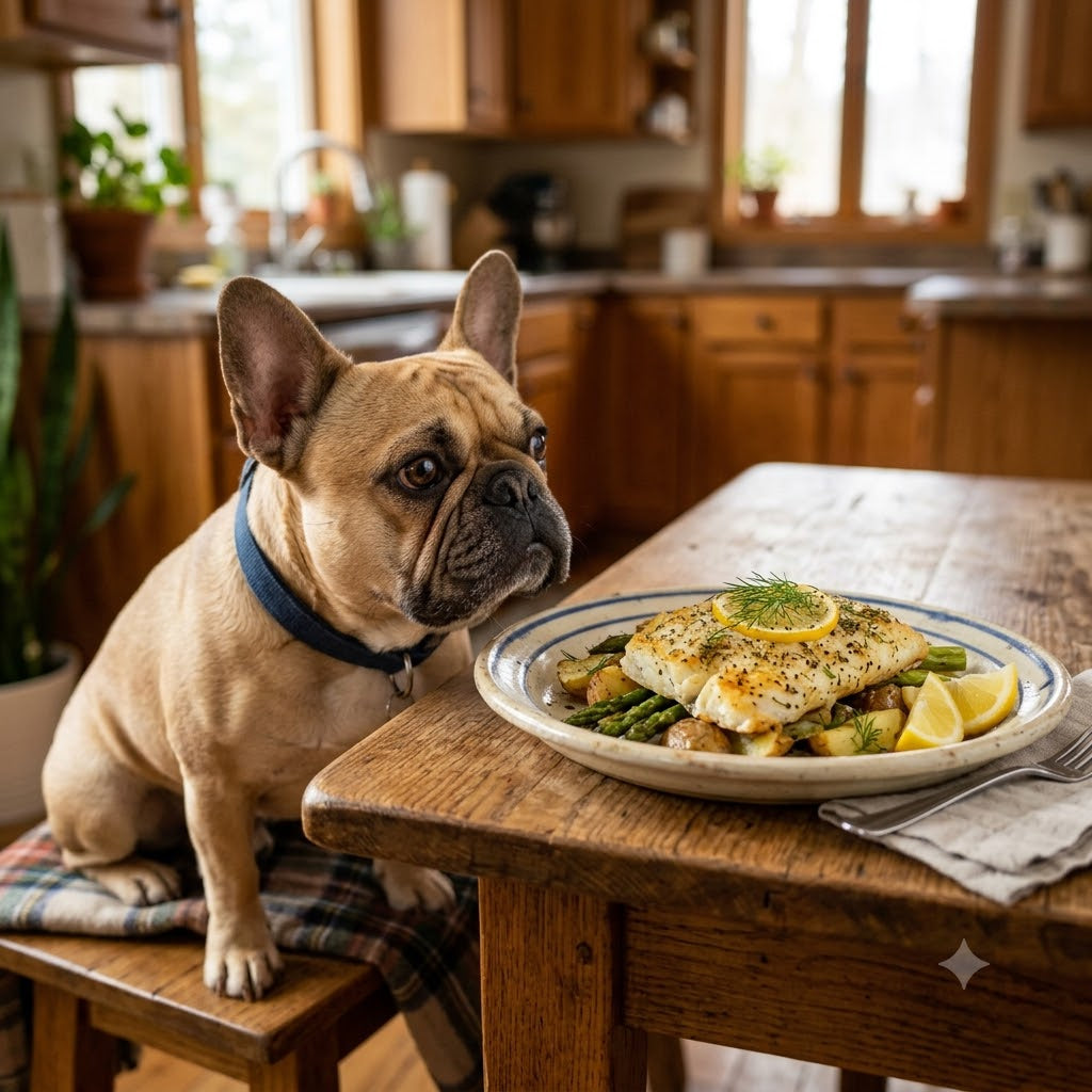 A focused fawn French Bulldog sitting on a kitchen bench, eyeing a delicious plate of baked whitefish with lemon and asparagus on a wooden dining table.