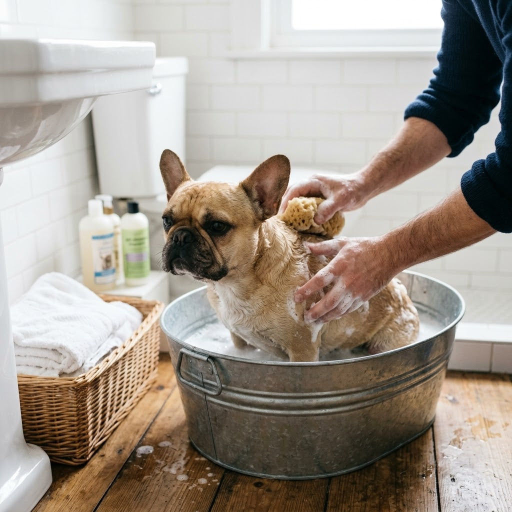 A square, top-down photograph capturing a fawn-colored French Bulldog covered in white soap suds, sitting inside a small, galvanized steel wash tub during a bath.