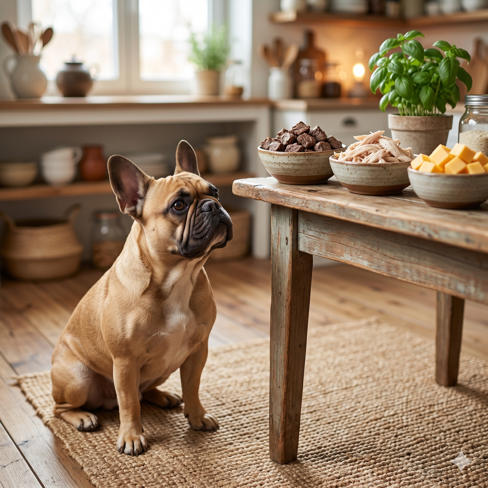 A fawn French Bulldog looks intently up at three rustic bowls filled with cooked diced beef, shredded chicken, and small cubes of cheese on a kitchen counter, showcasing healthy, natural food options for dogs.