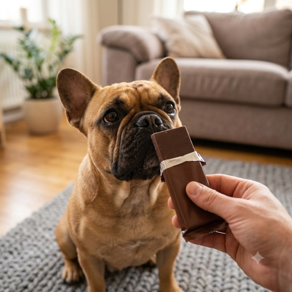 A square close-up photograph of a fawn-colored French Bulldog with an intensely curious, begging expression looking upward at a generic chocolate bar.