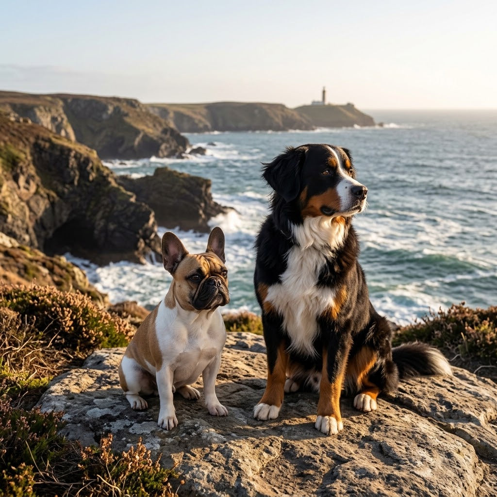 A fawn French Bulldog and a large tricolor Bernese Mountain Dog sitting together on a rugged rocky coastal cliff edge at golden hour, looking out over a wide ocean vista.