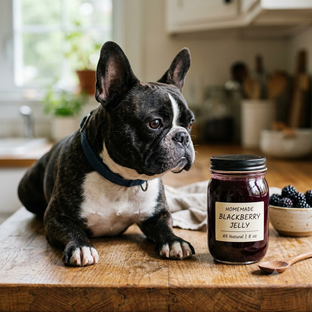 A brindle and white French Bulldog lies on a wooden counter, gazing intently at a glass jar labeled "Homemade Blackberry Jelly."