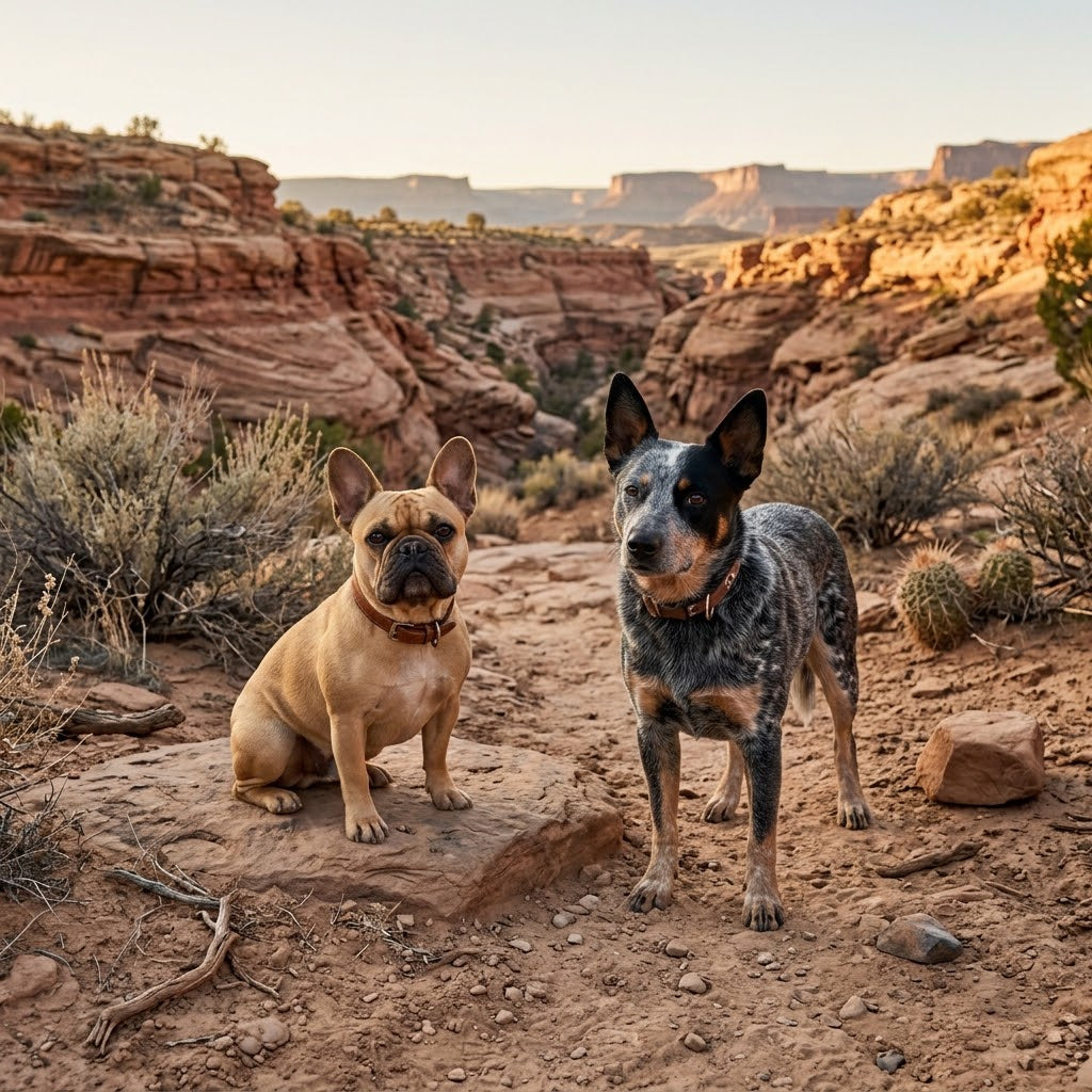 A square photorealistic image of a fawn French Bulldog and a blue Australian Cattle Dog (Blue Heeler) sitting together on a desert canyon trail at golden hour,