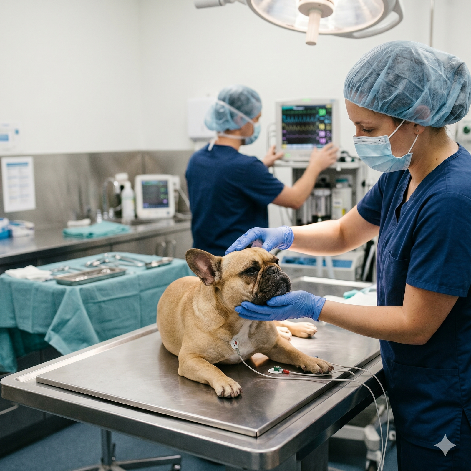 A veterinarian and an assistant prepare a French Bulldog for BOAS surgery. The dog is on an operating table, connected to monitoring equipment in a sterile clinic environment.