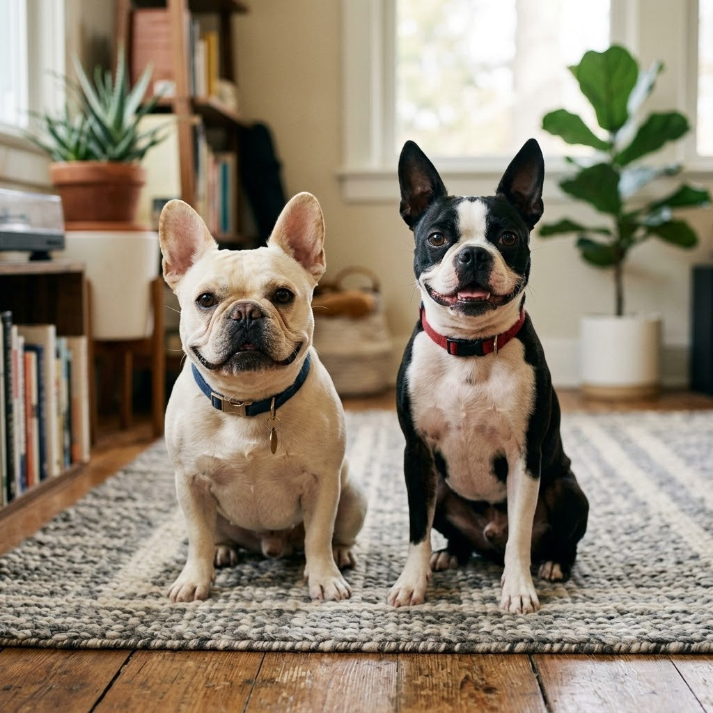 A cream-colored French Bulldog and a black-and-white Boston Terrier sitting side-by-side on a rug in a living room.