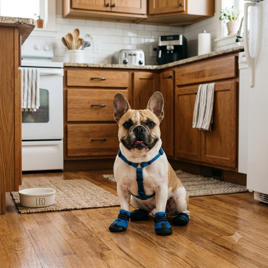A French Bulldog wearing blue, breathable mesh footies with rubber soles sits on a warm wooden floor in a kitchen.