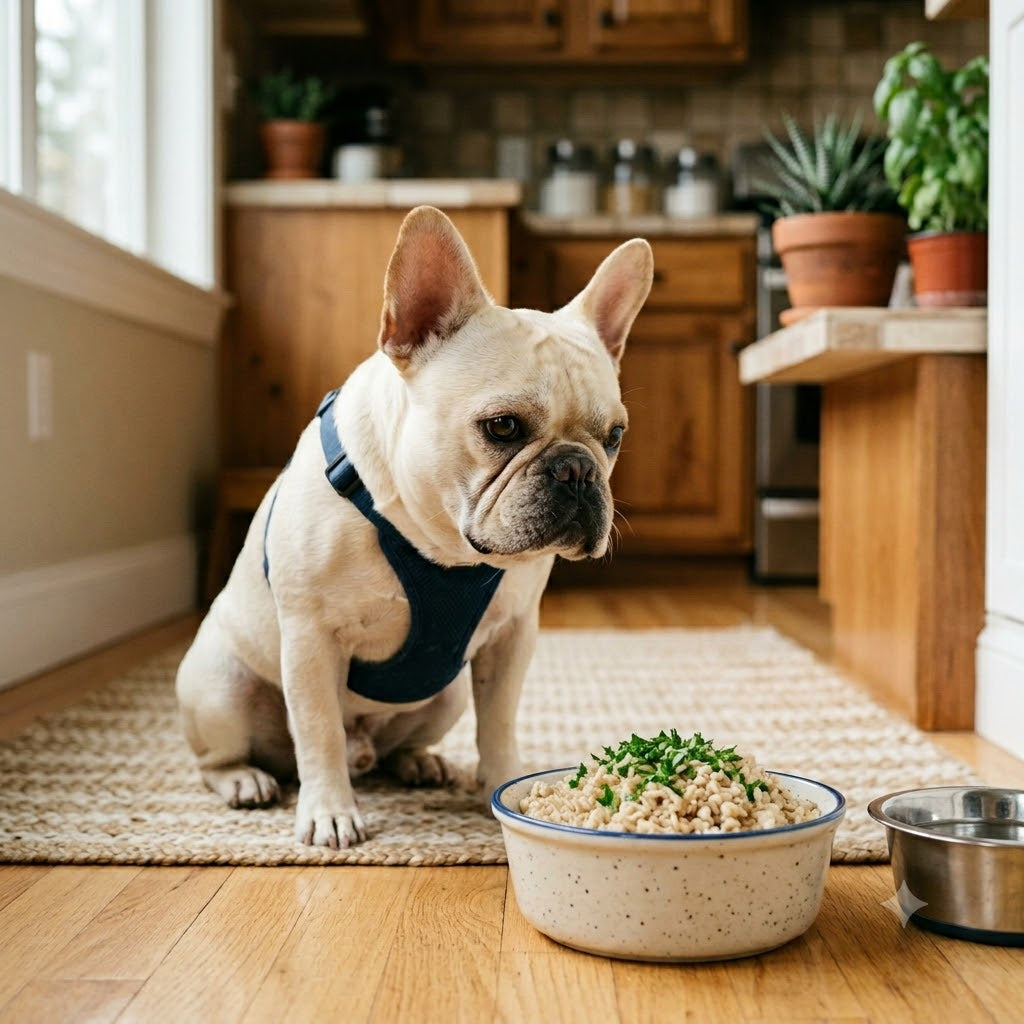 A cream-colored French Bulldog wearing a blue harness sits on a rug in a kitchen, looking intently at a bowl of brown rice on the wooden floor.