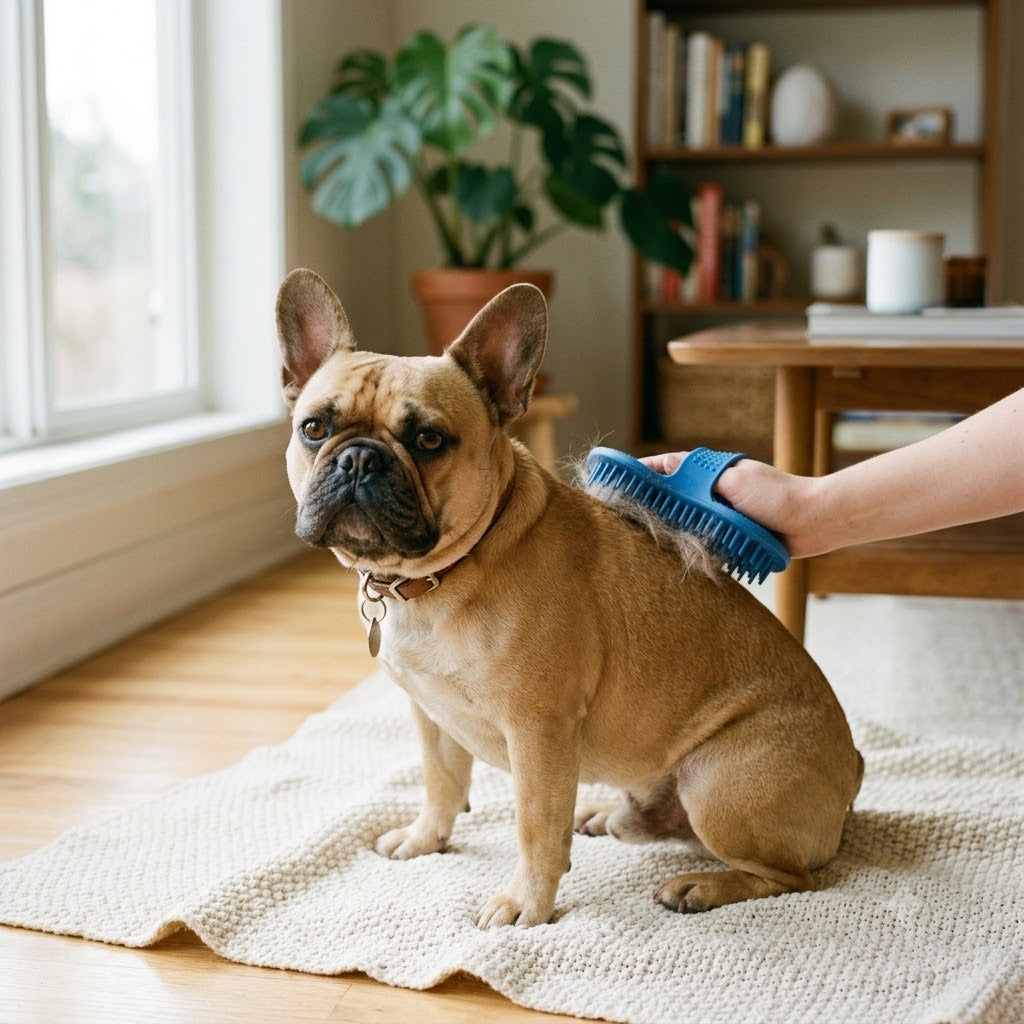 A candid 1:1 square photograph captures a fawn-colored French Bulldog seated calmly on a textured beige blanket while being actively groomed with a blue rubber fur brush.
