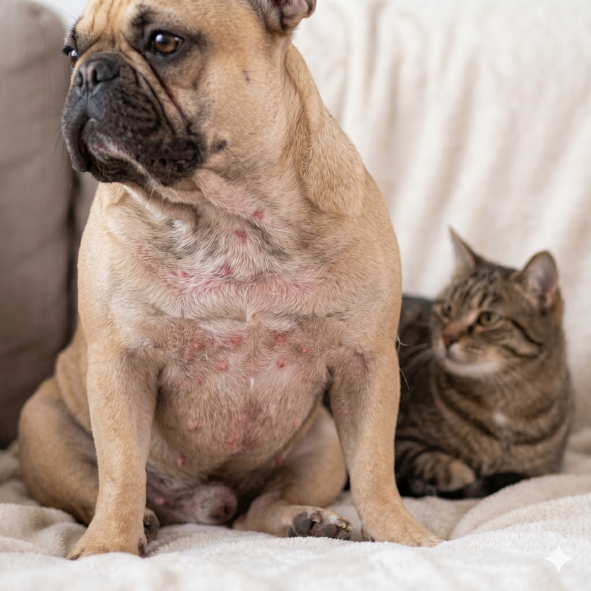 A close-up square photograph of a fawn French Bulldog with severe inflamed chest and neck rashes, sitting near a softly-blurred tabby cat, with visible cat hair on the dog's irritated skin.