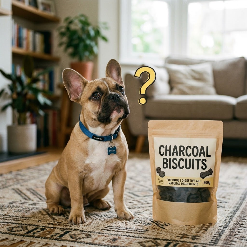 A fawn French Bulldog, wearing a blue collar with a tag, sits on a patterned rug and looks up towards the right with a curious or questioning expression.