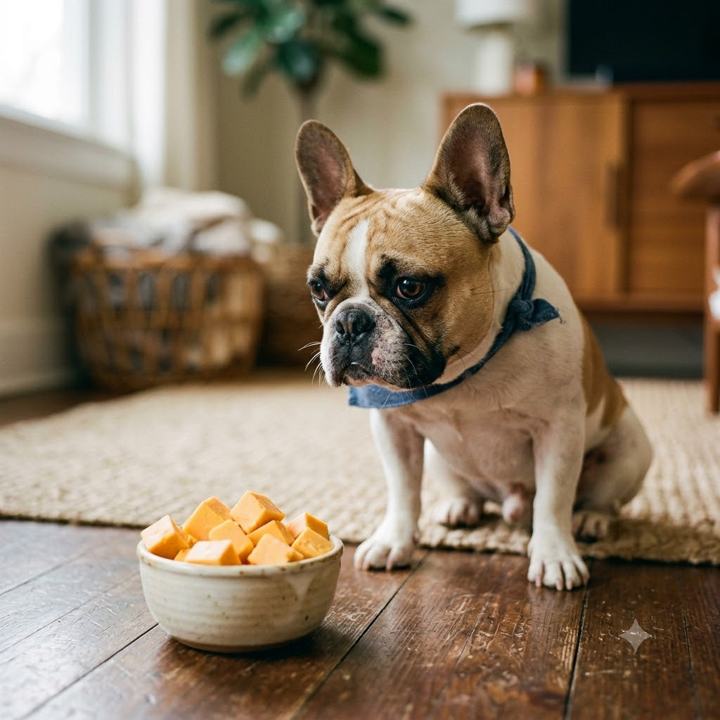 A small French Bulldog sitting on a hardwood floor, looking intently at a small white bowl filled with diced cheddar cheese cubes in a cozy home setting.