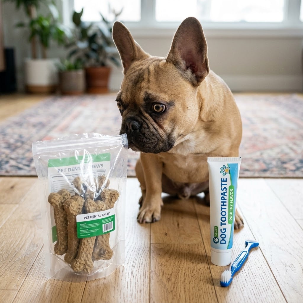 French Bulldog looking back and forth between a pack of bone-shaped dental chews and a tube of poultry-flavored pet toothpaste.