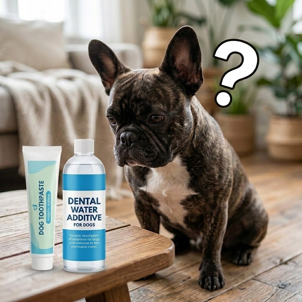 a brindle French Bulldog sitting between a generic bottle of water additive and a tube of dog toothpaste, looking confused with a large question mark floating above its head.