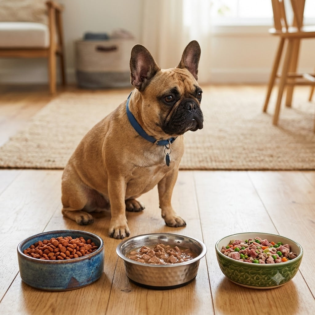 A fawn French Bulldog wearing a blue collar sits patiently on a light wooden floor in front of three different bowls of dog food.