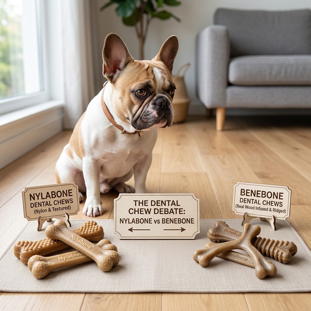 A fawn and white French Bulldog sits on a light wood floor, looking intently with a curious expression at a display comparing dog dental chews.