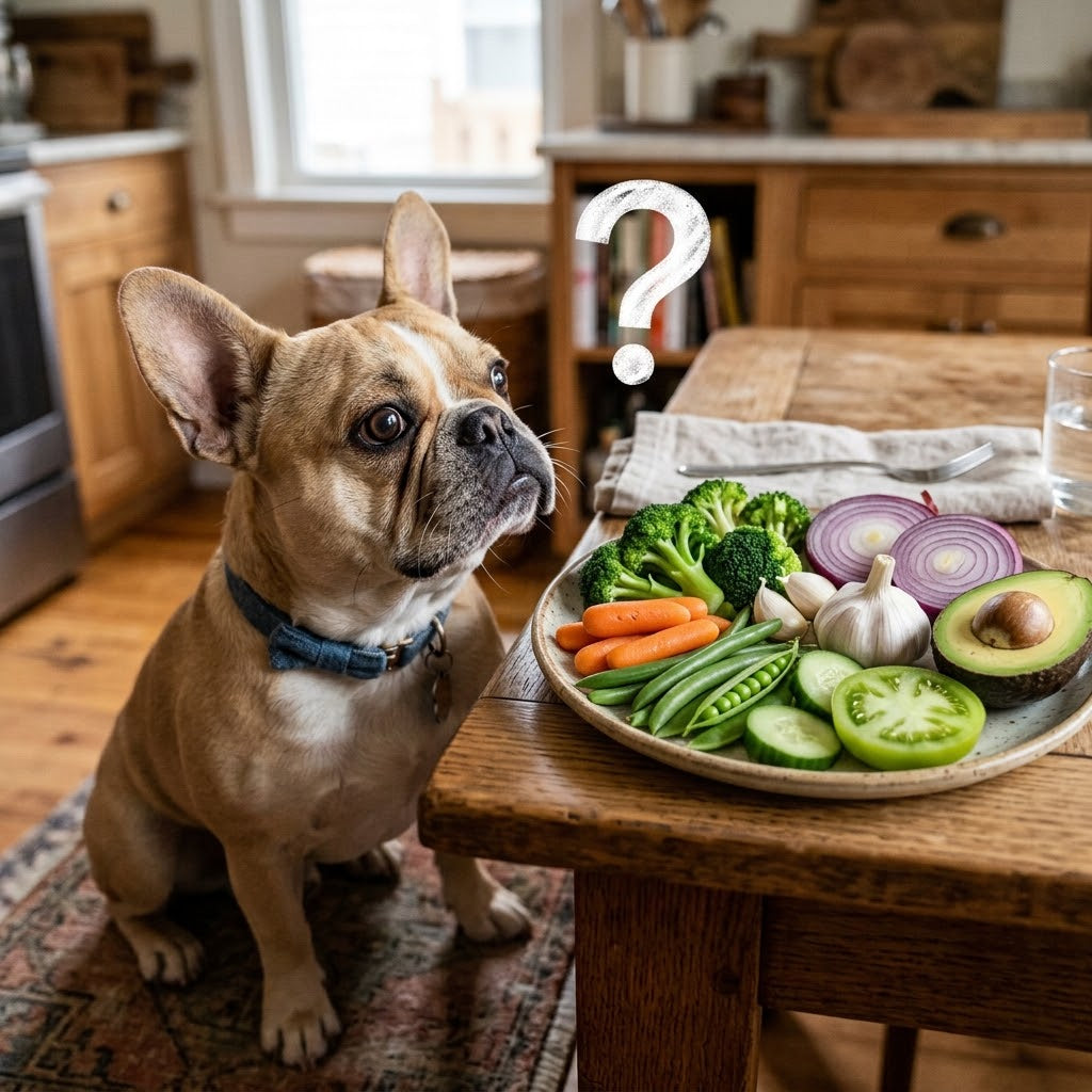 French BUlldog with a slightly tilted head and confused expression, is looking intently at a large plate on the wooden table laden with a wide variety of mixed vegetables.